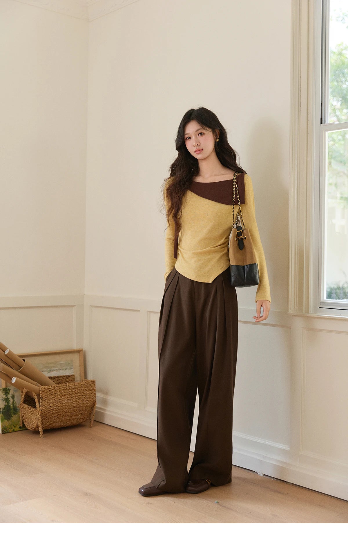 Mishow Yellow Brown Contrast Oblique Collar Knit Top MXF11Z2911