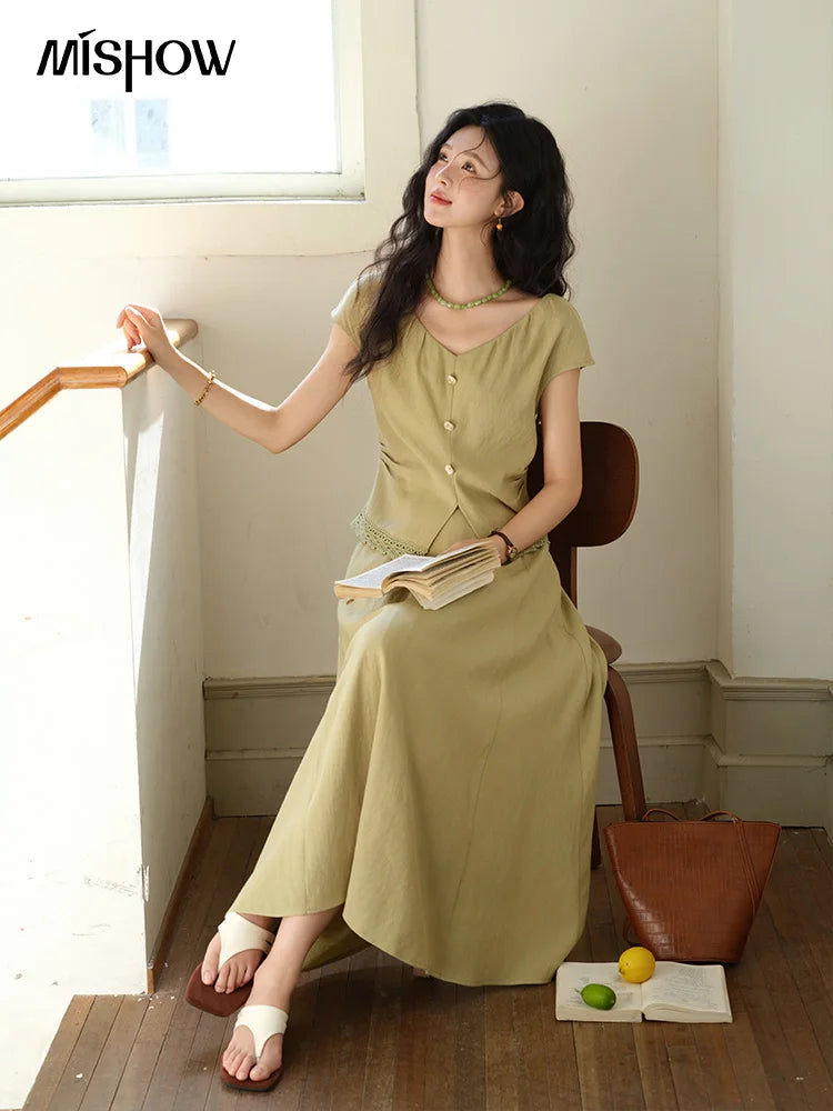 Mishow V-Neck Lace Hollow Top & Pocket A-Line Skirt Set MXE39T0665
