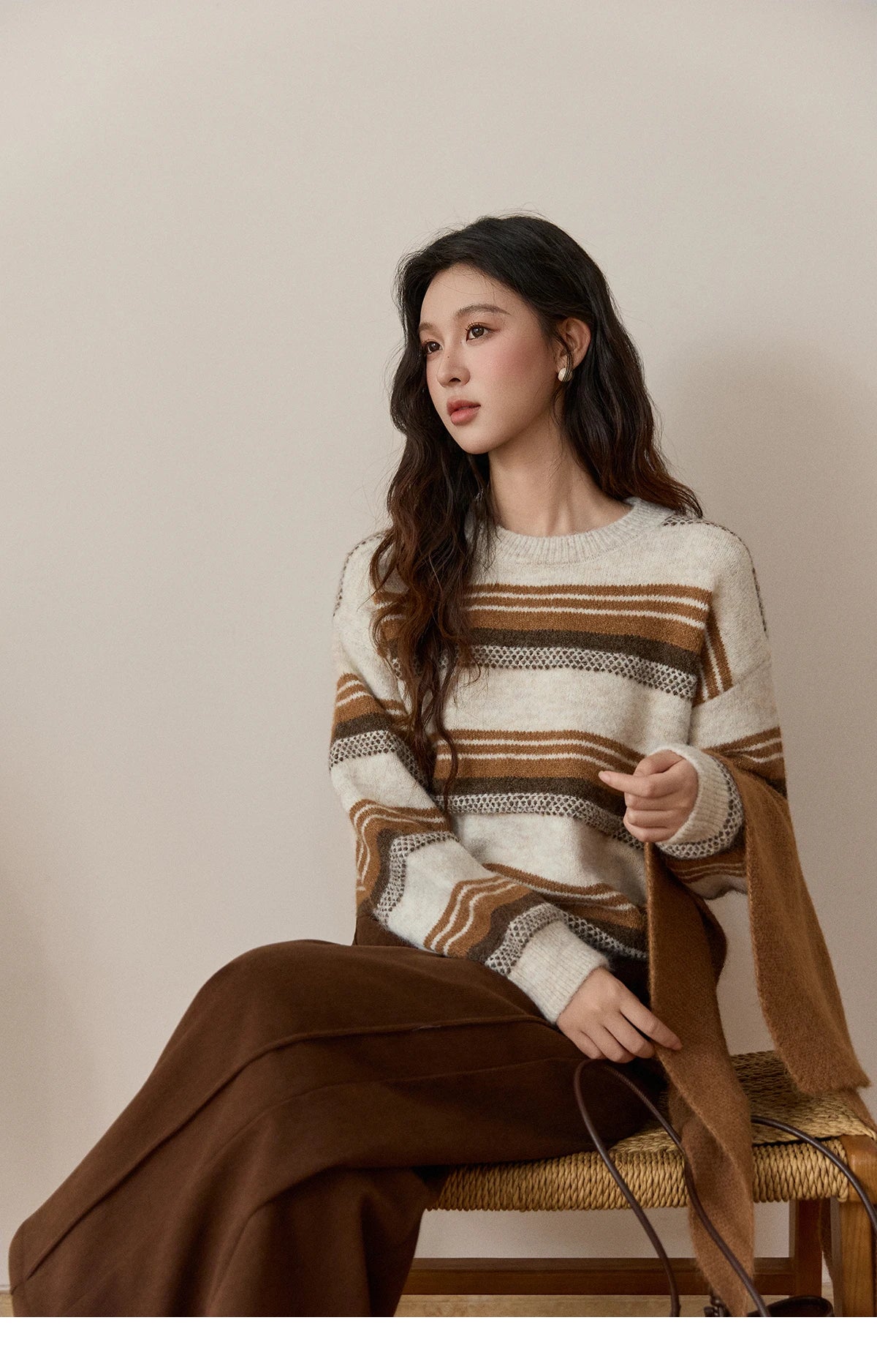 Mishow Wool Blend Retro Striped Sweater with Scarf MXE94Z2987