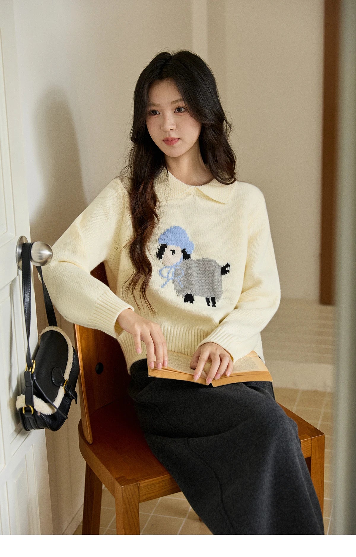 Mishow Beige Sheep Pattern Round Collar Sweater MXE94Z2962