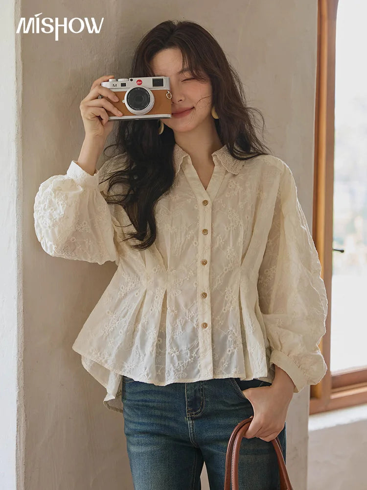 MISHOW French Lace Blouse Lantern Sleeve Ruffle Hem MXE42C2372