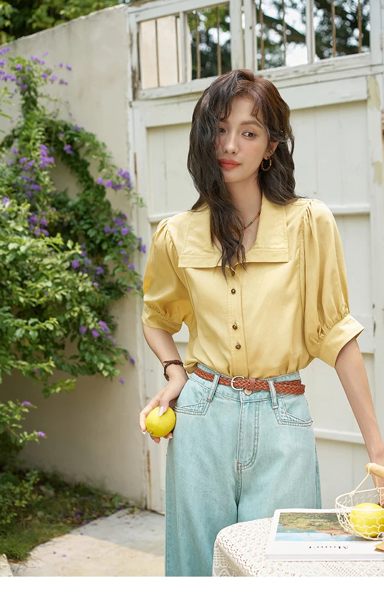 MISHOW Short Sleeve Blouse Lapel Simple Loose Fit MXD28C0247