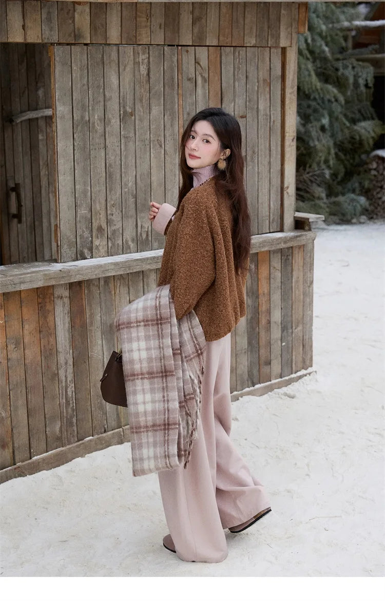 MISHOW Brown Wool Quilted Coat Round Neck Short Loose MXE87W0935