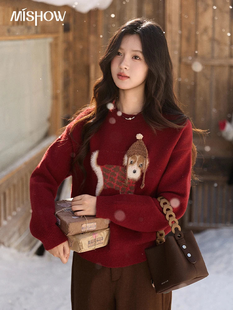 Mishow Red Dog Pattern Crew Neck Sweater MXE93Z2811
