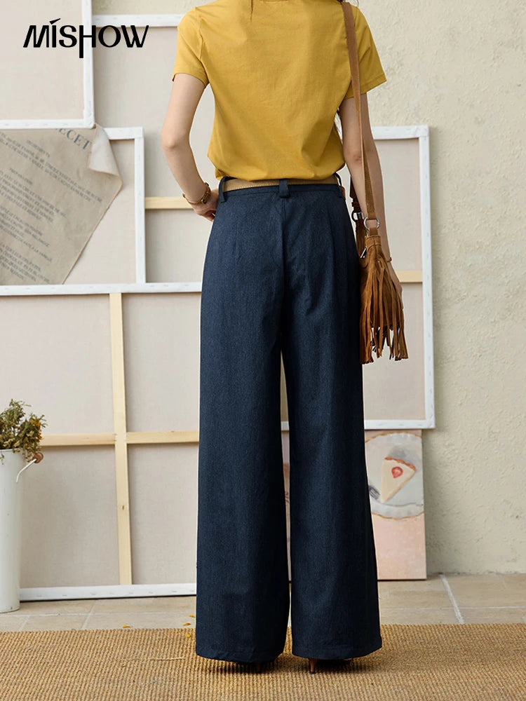 MISHOW Dark Blue High Waist Wide-Leg Pants Slimming Straight MXE31K0902