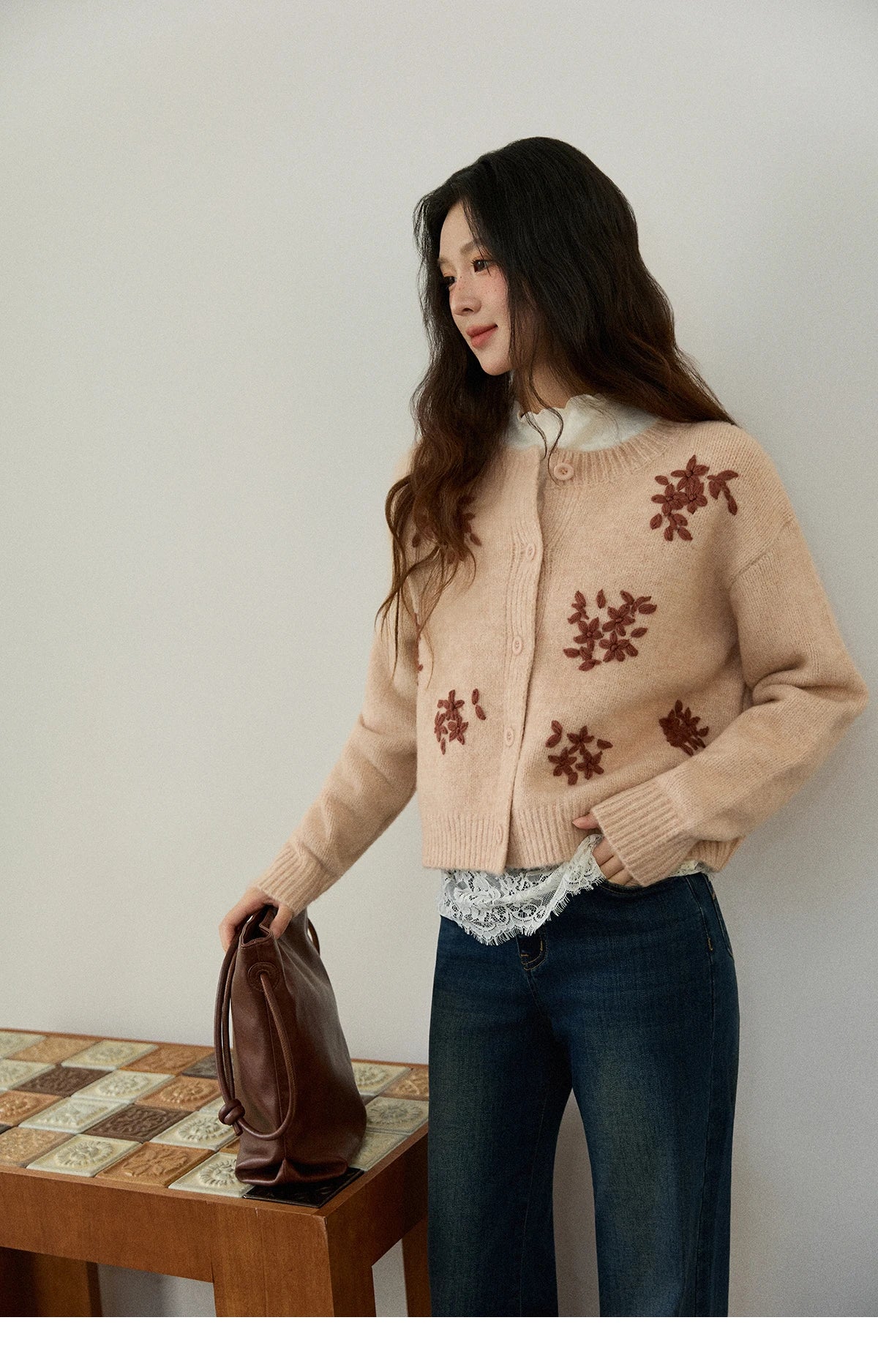 Mishow Floral Embroidery Round Neck Wool Cardigan MXE86Z2724