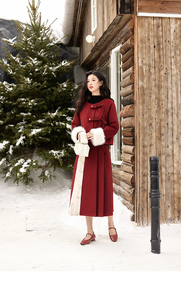 Mishow Tweed Jacket with Removable Fur Collar & Pleated Skirt Set MXD59W0609