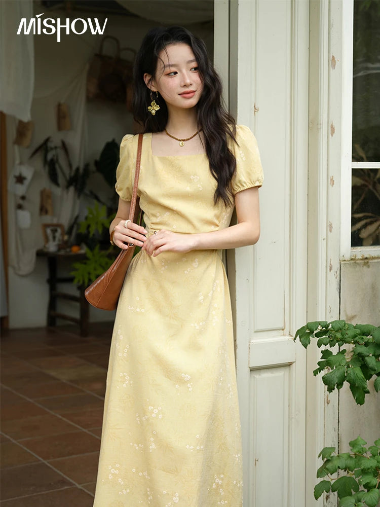 Mishow Square Neck Puff Sleeve Bamboo Jacquard Dress MXE39L2415