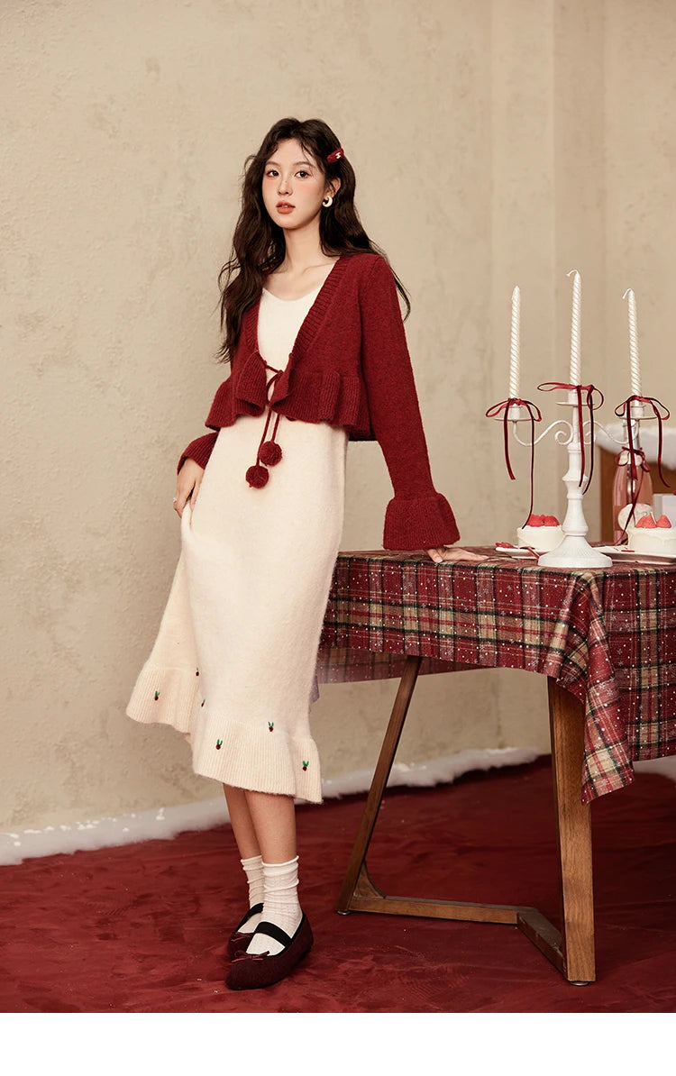 Mishow Pom-Pom Lace-Up Cardigan & Ruffle Strap Dress Set MXD59L2133