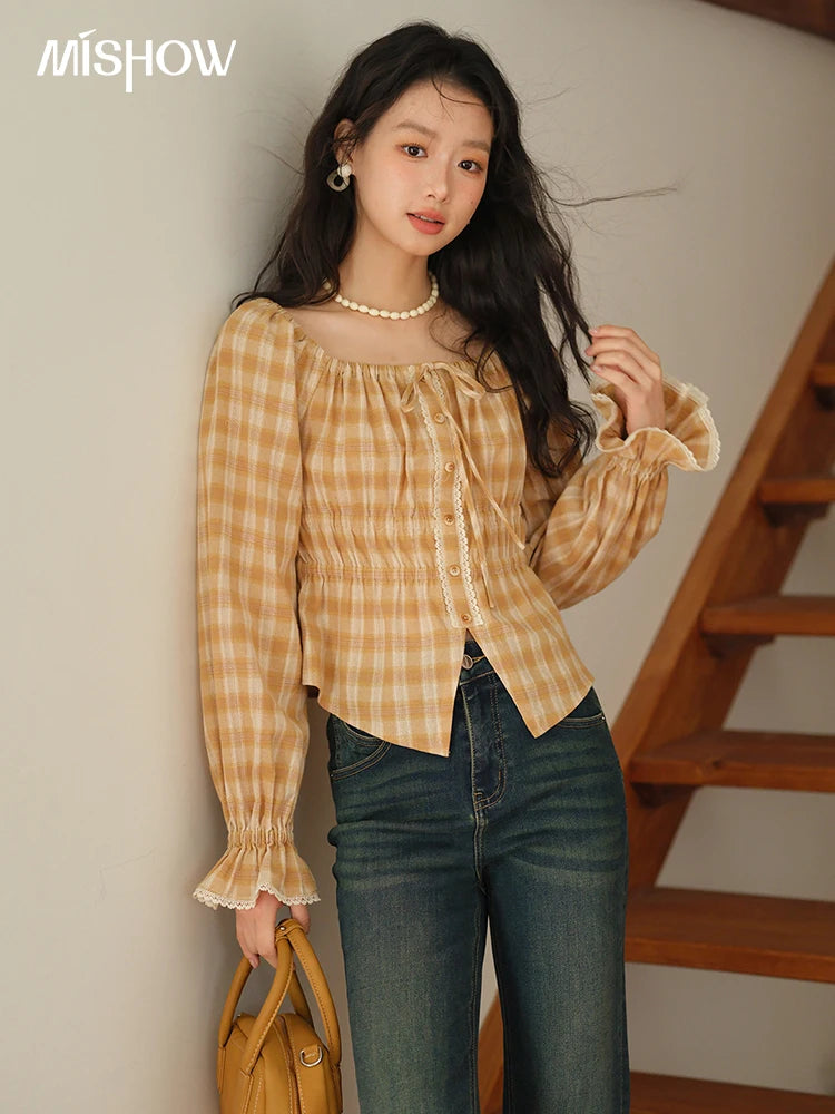 MISHOW Yellow Plaid Blouse Square Neck Puff Sleeve MXE43X1986