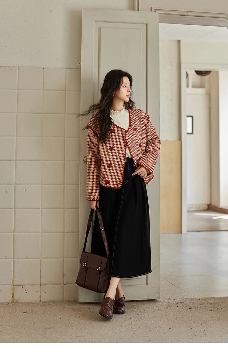 Mishow Red Plaid Double Breasted Tweed Jacket MXD56W0631