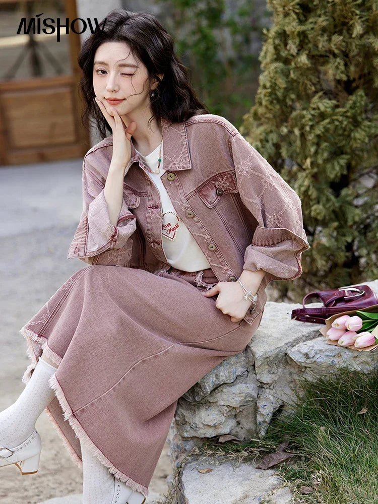 Mishow Cowboy Thick Jacquard Jacket & Mid Long Skirt Set MXE14W0754