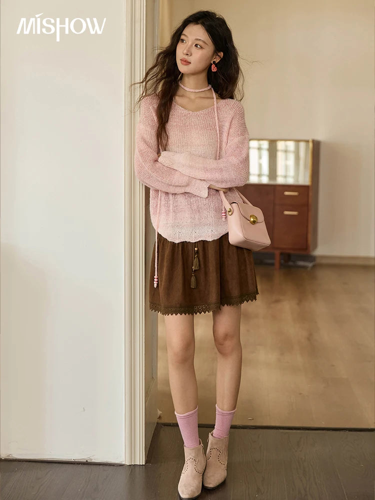 Mishow Pink Gradient Ribbed Cuff Sweater with Rope MXE43Z1334