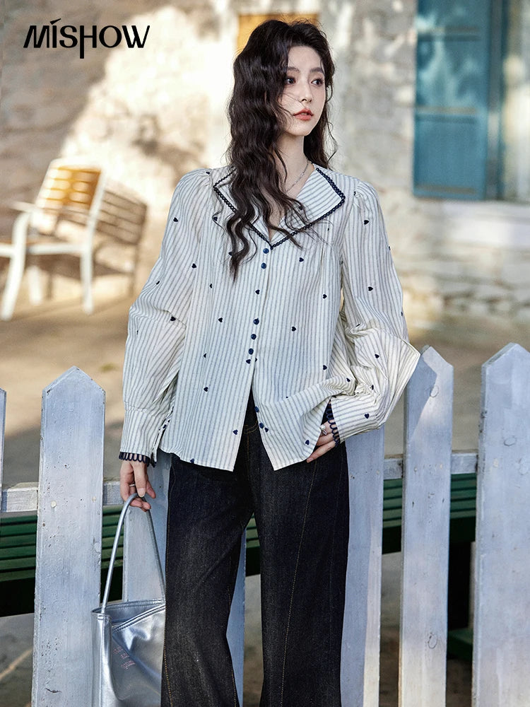 MISHOW Striped Bubble Sleeve Shirt Love Embroidered MXE12C0390