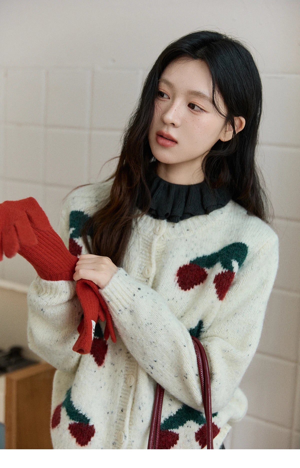 Mishow Cherry Jacquard Flecked Drop Shoulder Cardigan MXE91Z2837