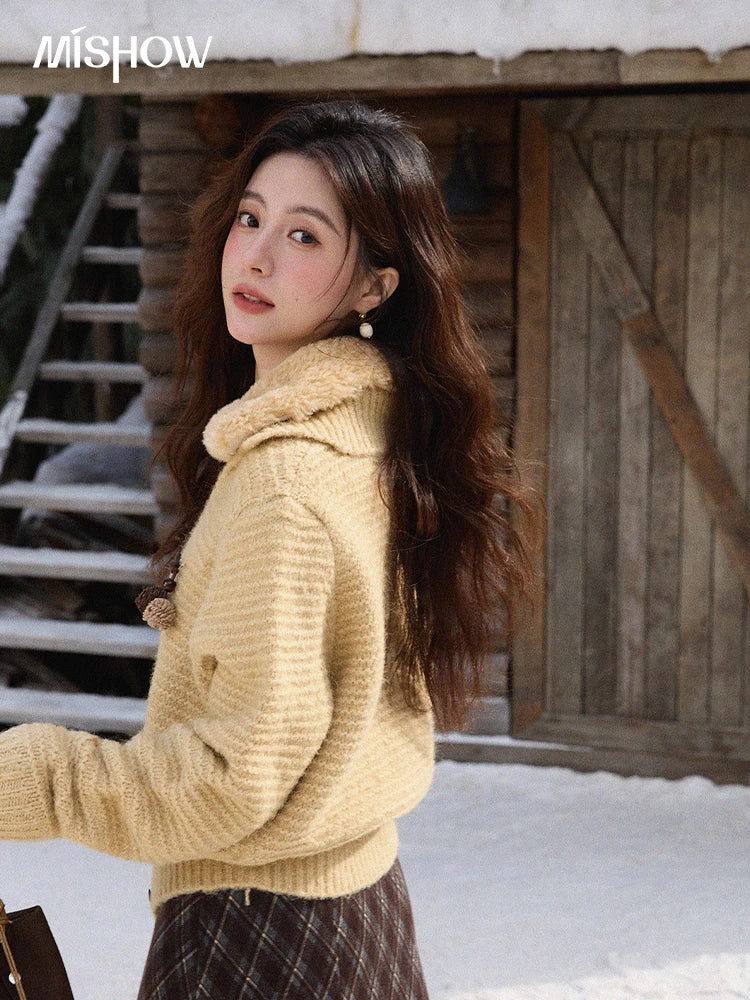 Mishow Detachable Fur Collar V-Neck Cardigan MXE90Z2758