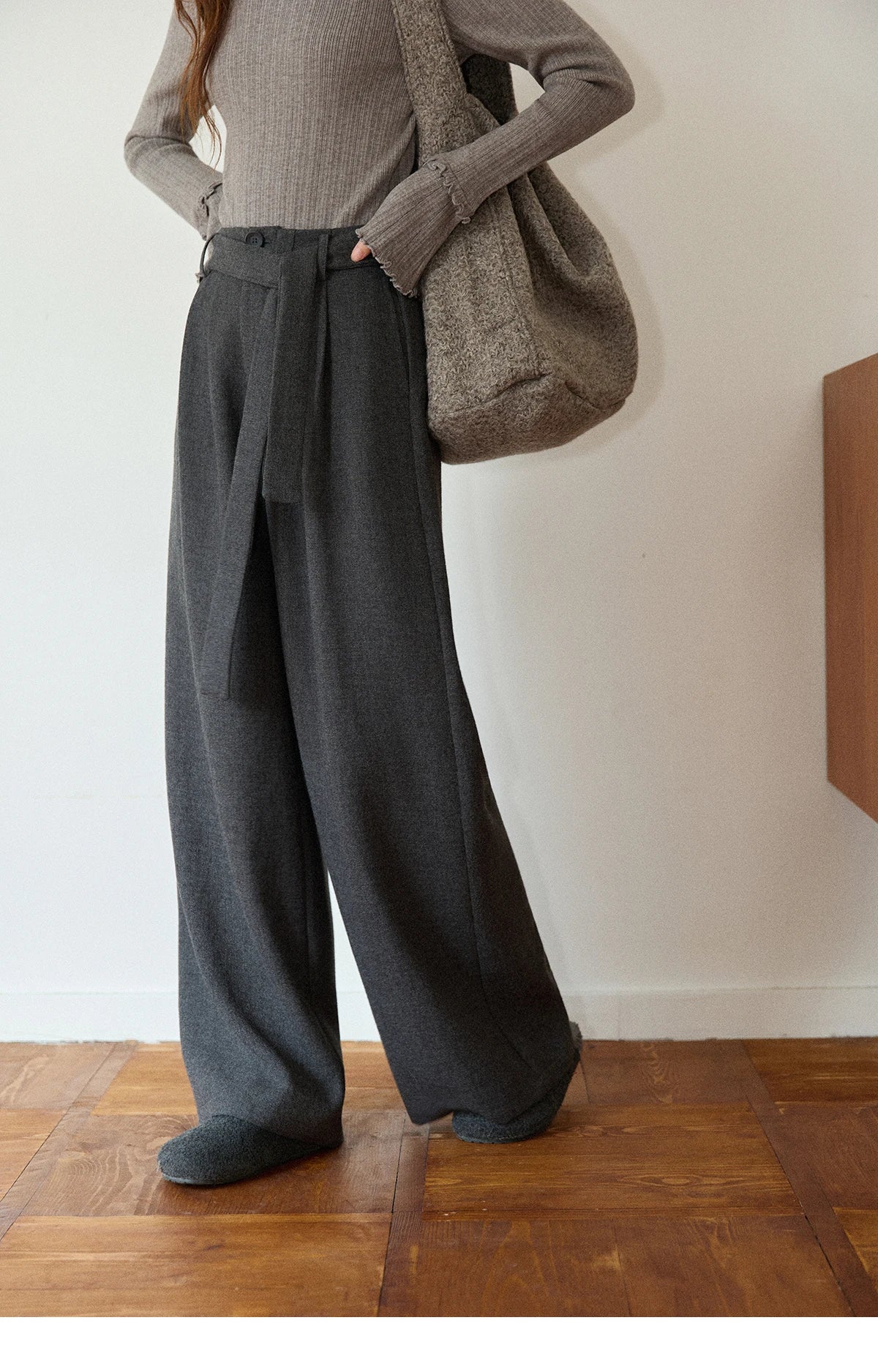 MISHOW Retro Gray Wide-Leg Pants Elastic Waist Warm MXE89K1099