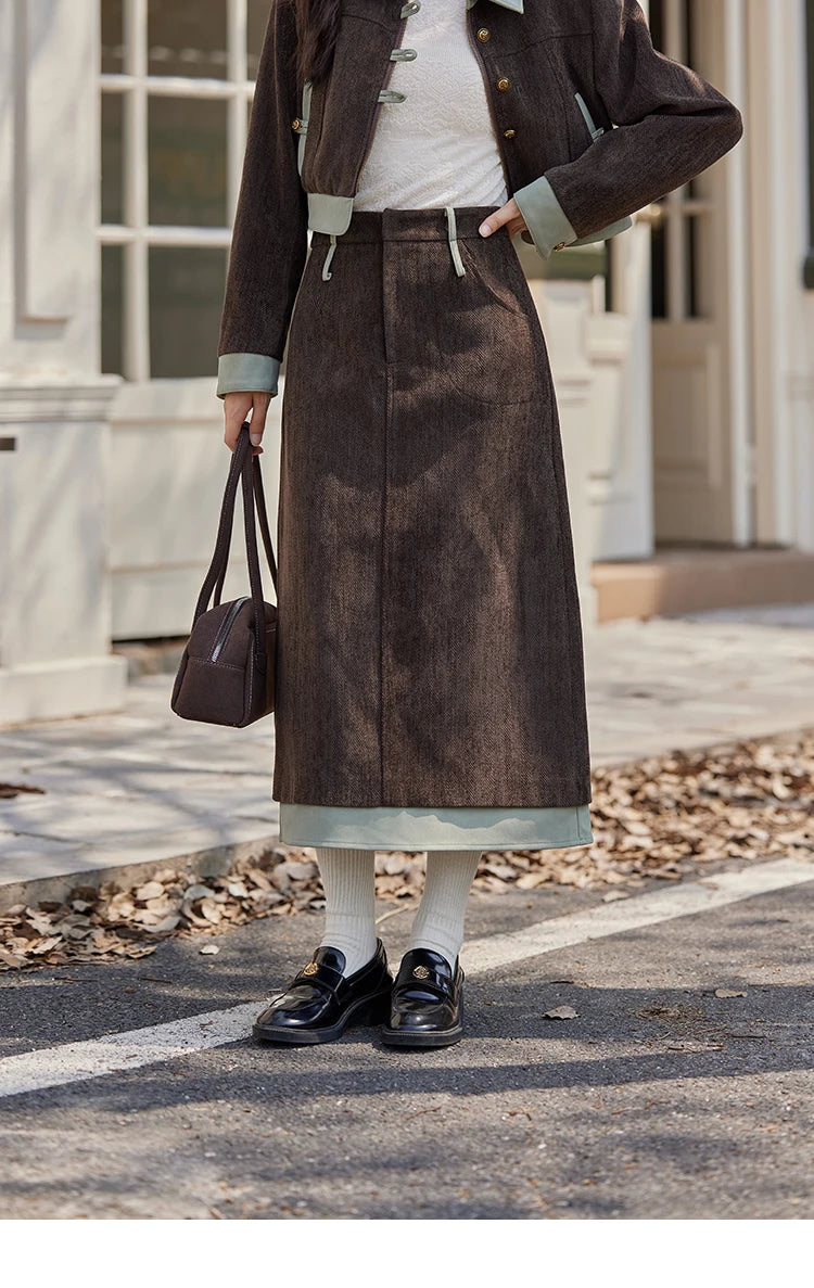 Mishow Fragrant Lapel Jacket & Contrasting Leather Skirt Set MXD43W0444