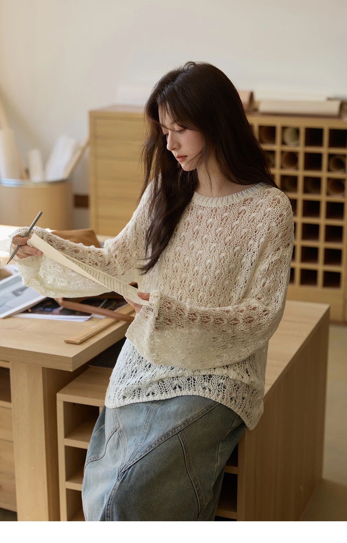 Mishow Hollow Jacquard Dropped Sleeve Sweater MXE43Z1360