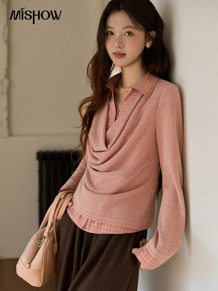 Mishow Pink Faux Two-Piece Plaid Draped Collar Pullover MXE87Z2747