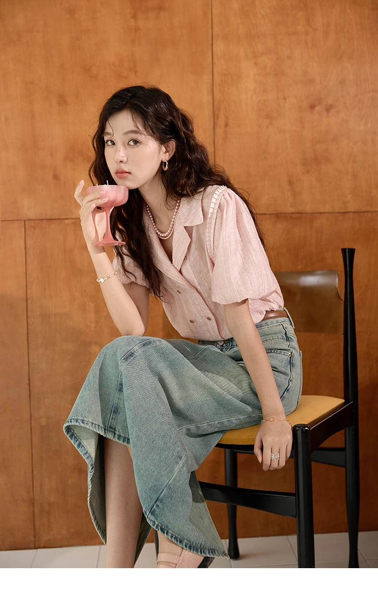 MISHOW Retro Pink Short Sleeve Shirt Ruffled Edge MXD29C0273
