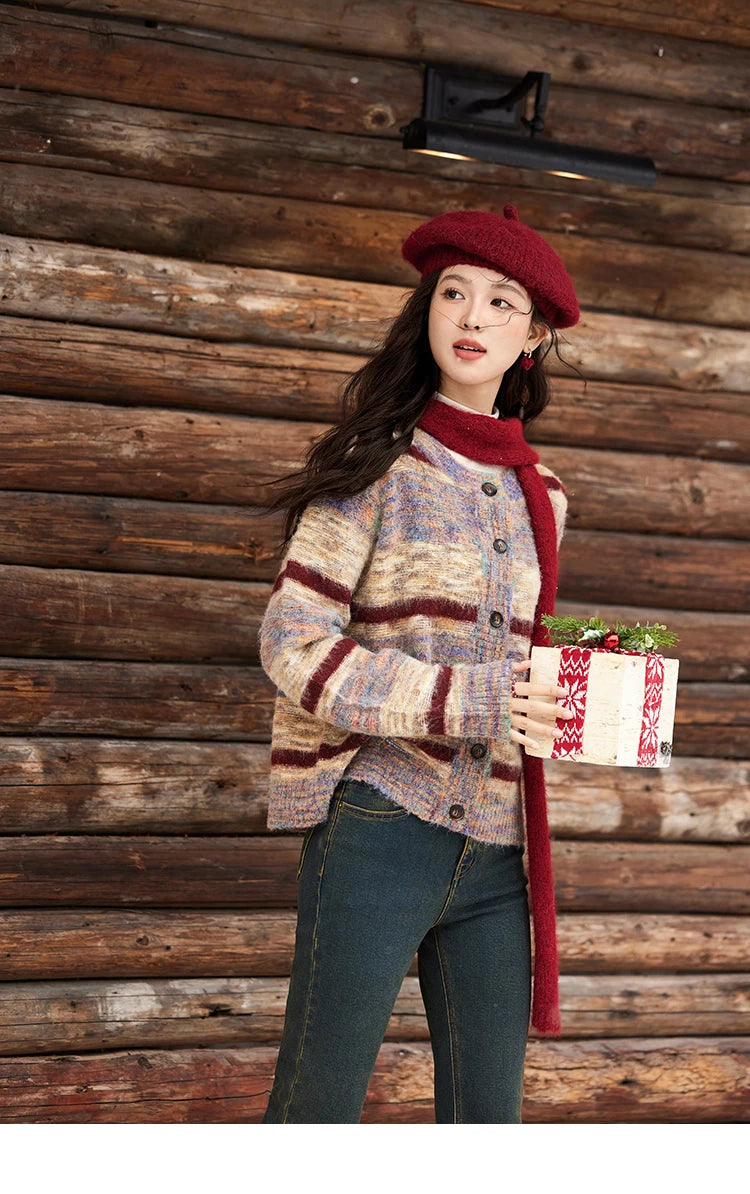 Mishow Striped Contrast Color O-Neck Cardigan MXD59Z1061