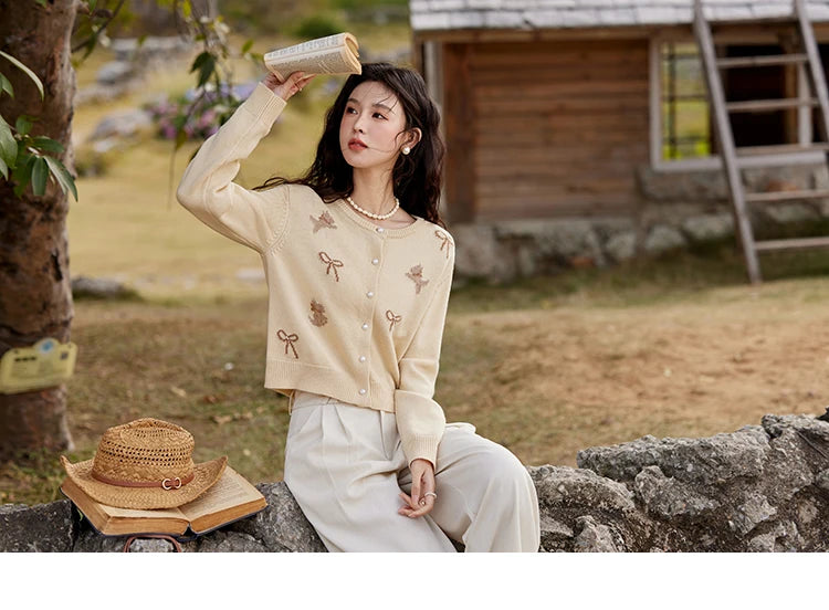 Mishow Yellow Dog Bow Jacquard Pearl Button Sweater MXE13Z1197