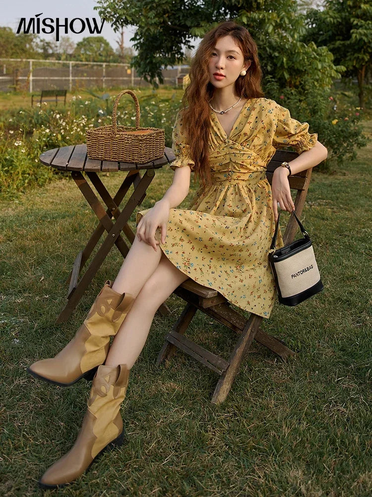 Mishow Retro Puff Sleeve V-Neck Shirring Dress MXC33L1374