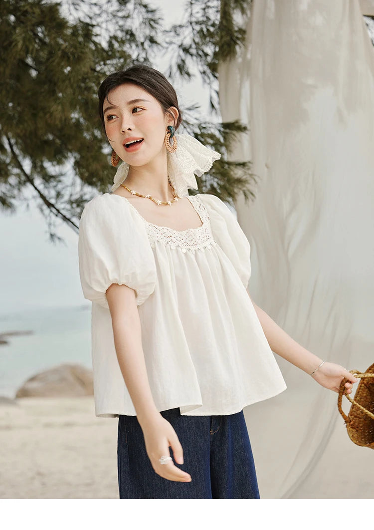 MISHOW Square Collar Puff Sleeve Blouse Lace Splicing MXE32X1780