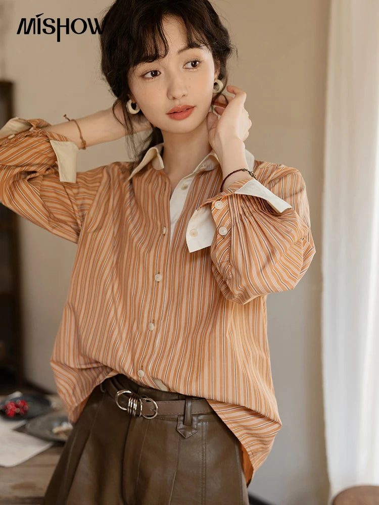 MISHOW Loose Striped Shirt Contrasting Lapel Patchwork MXD41C0286