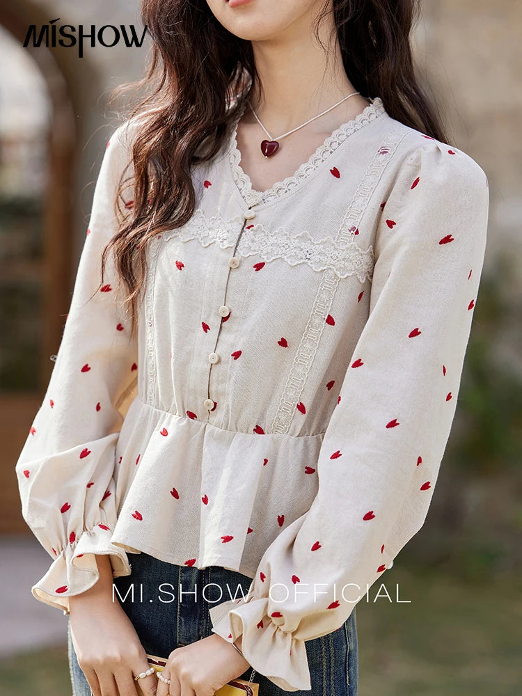 MISHOW Love Embroidered V-Neck Blouse Waist Ruffle MXE13X1700