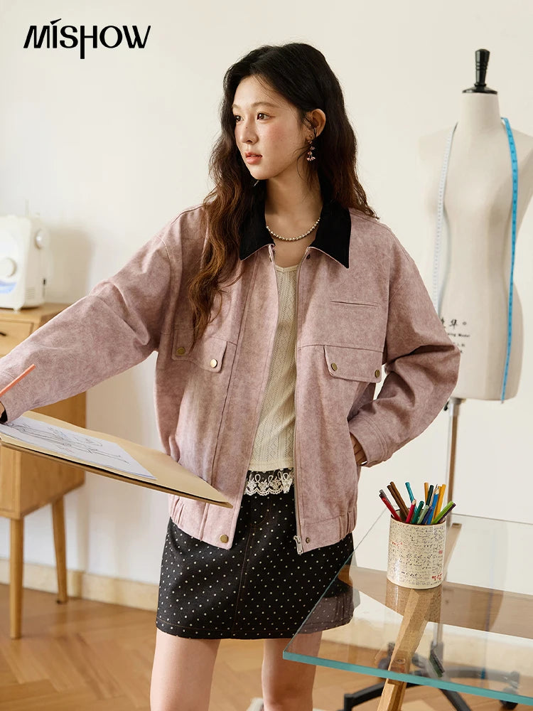 MISHOW Pink Purple Collision Lapel Jacket Suede Metal Zipper Elastic Hem MXE46W0865