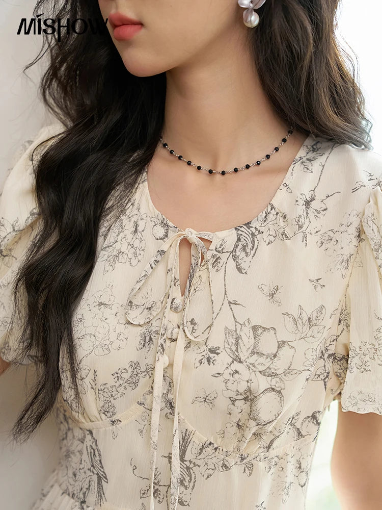 MISHOW Floral Print Lace-Up Chiffon Dress MXD27L1841