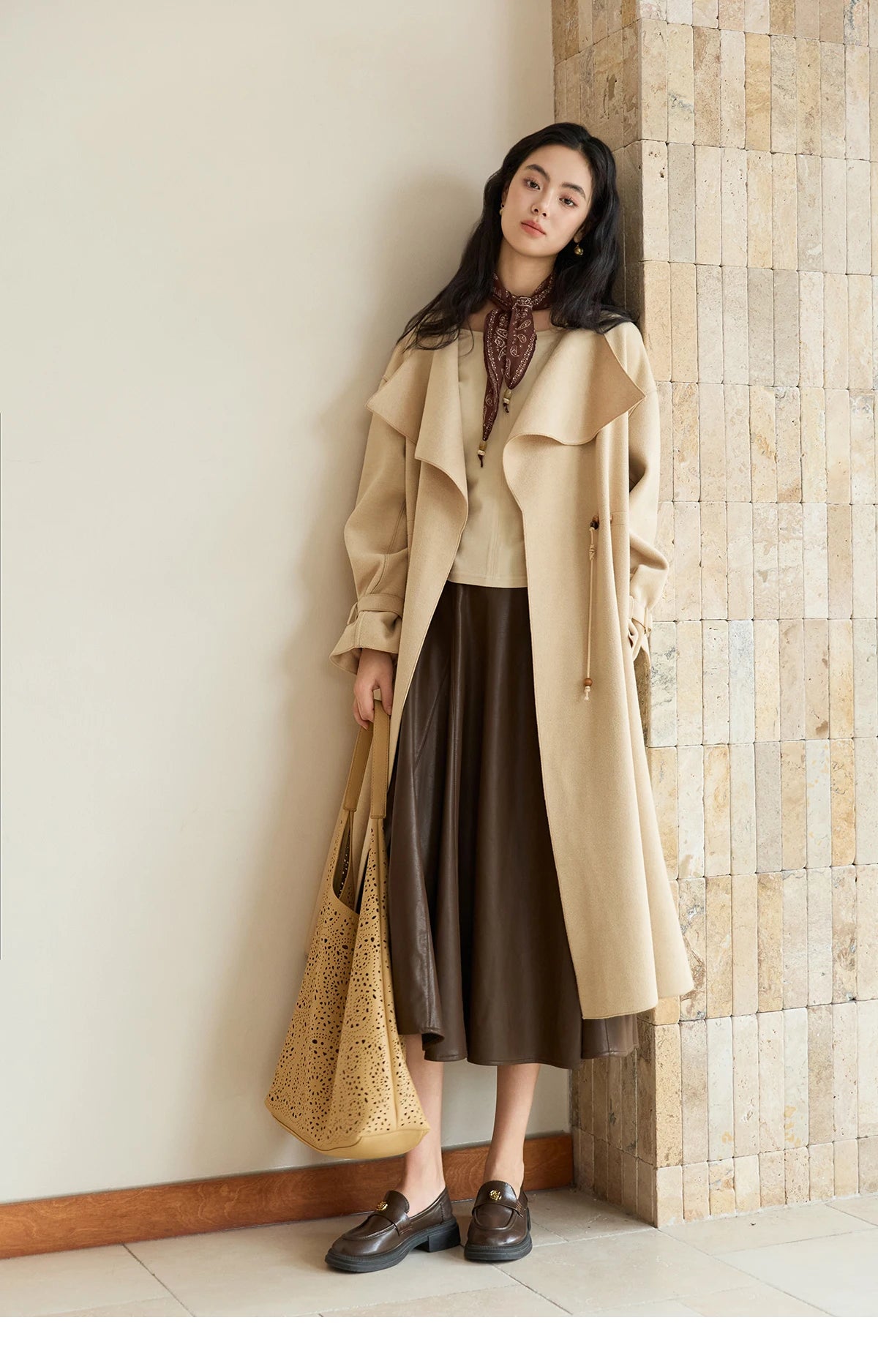 Mishow Drawstring Waist Large Lapel Mid-Length Woolen Coat MXE45W0841