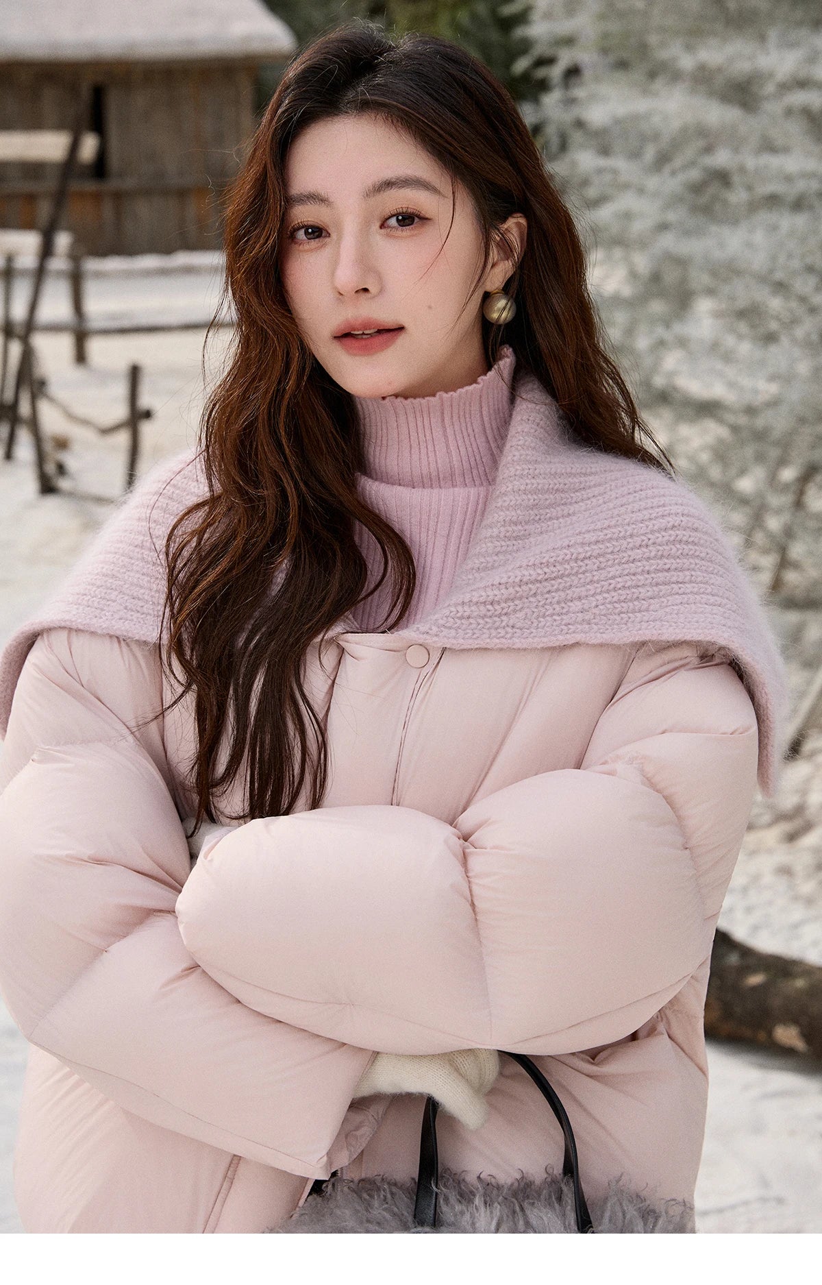 Mishow Pink Woolen Lapel Short Down Jacket MXE92Y0089