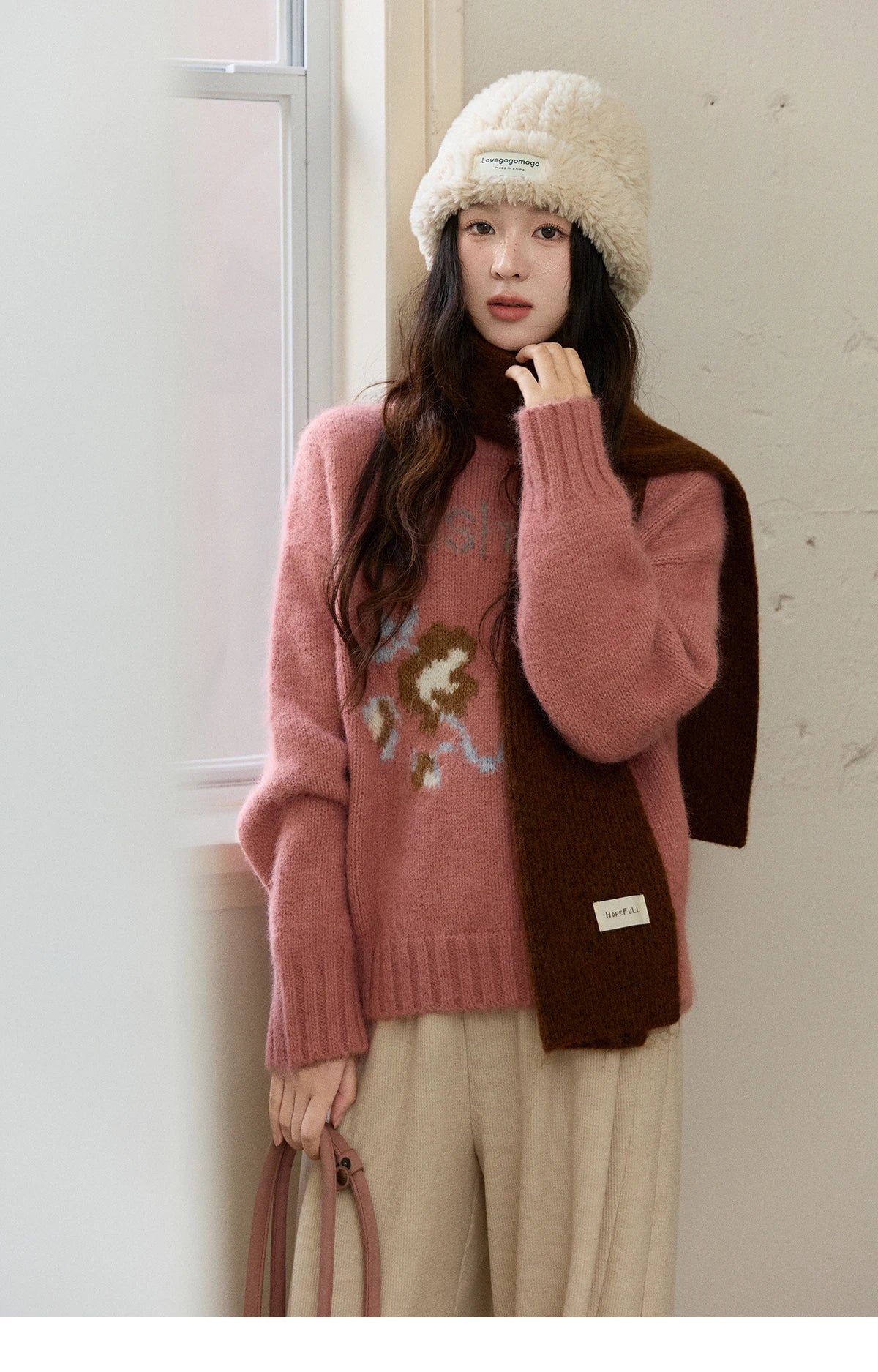 Mishow Pink Jacquard Crew Neck Pullover MXE91Z2831