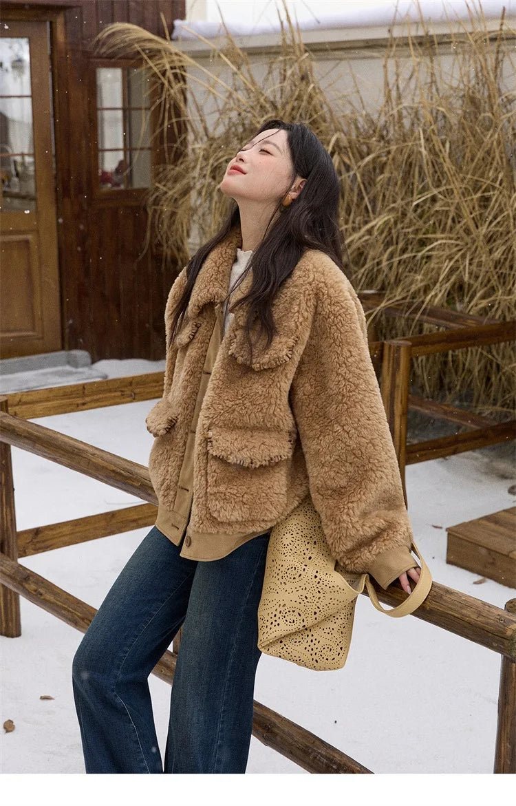 MISHOW Faux Lambskin Coat Turn-Down Collar Brown Loose MXE89W0896