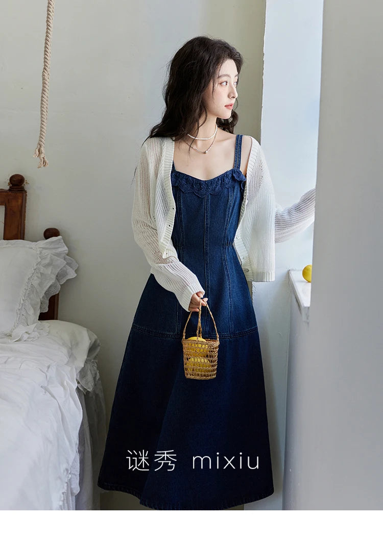 Mishow Denim Camisole Hollowed Out Lace Edge Dress MXE13L2094