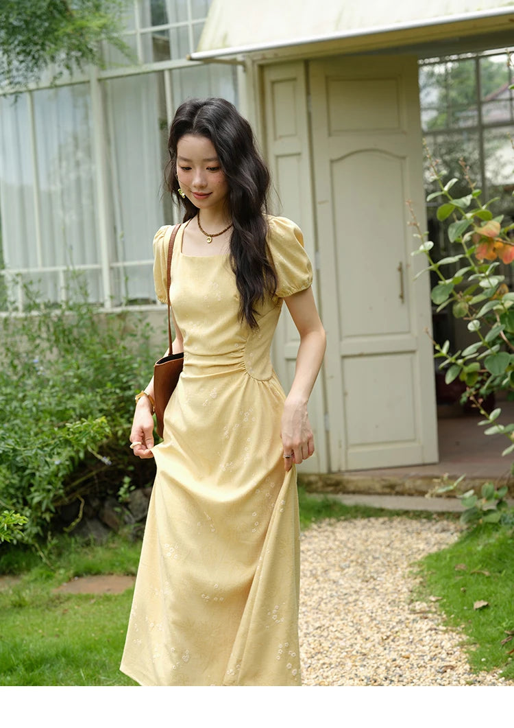 Mishow Square Neck Puff Sleeve Bamboo Jacquard Dress MXE39L2415