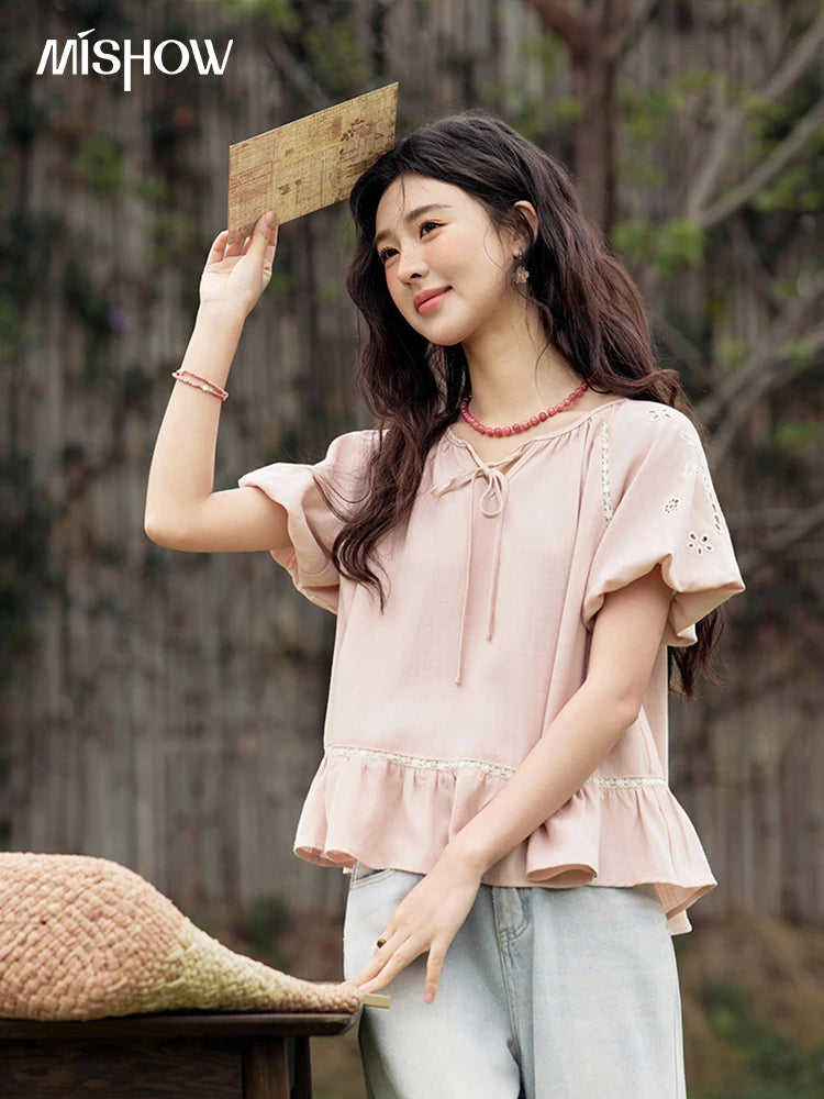 MISHOW Puff Sleeve Blouse Round Neck Hollow Embroidery MXE31X1747