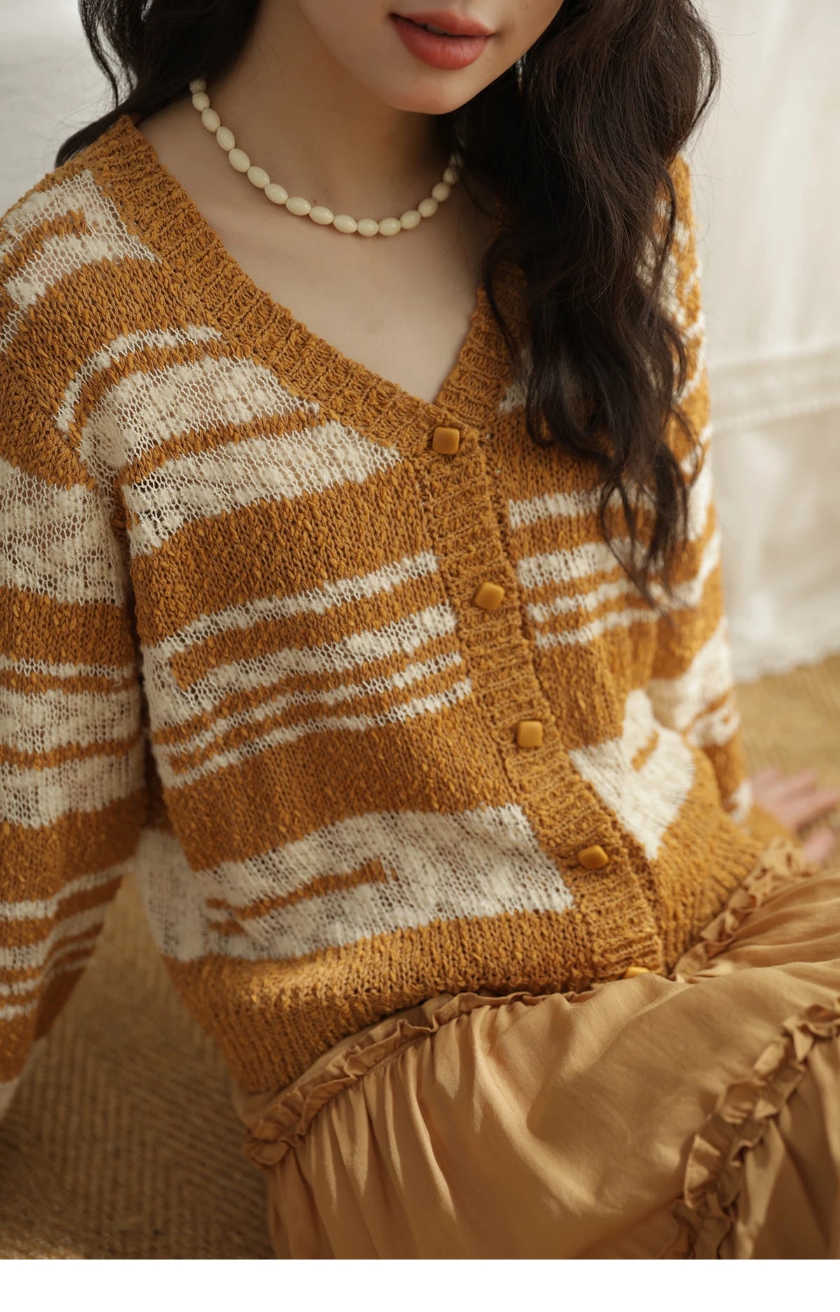 Mishow Retro Yellow Striped V-Neck Cardigan MXE44Z2516