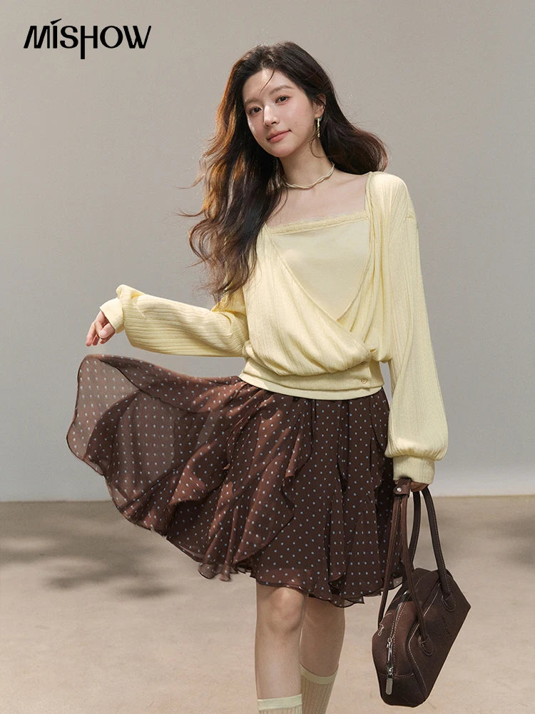 Mishow Lemon Yellow Lantern Sleeve Top & Lace Camisole Set MXF13T1513