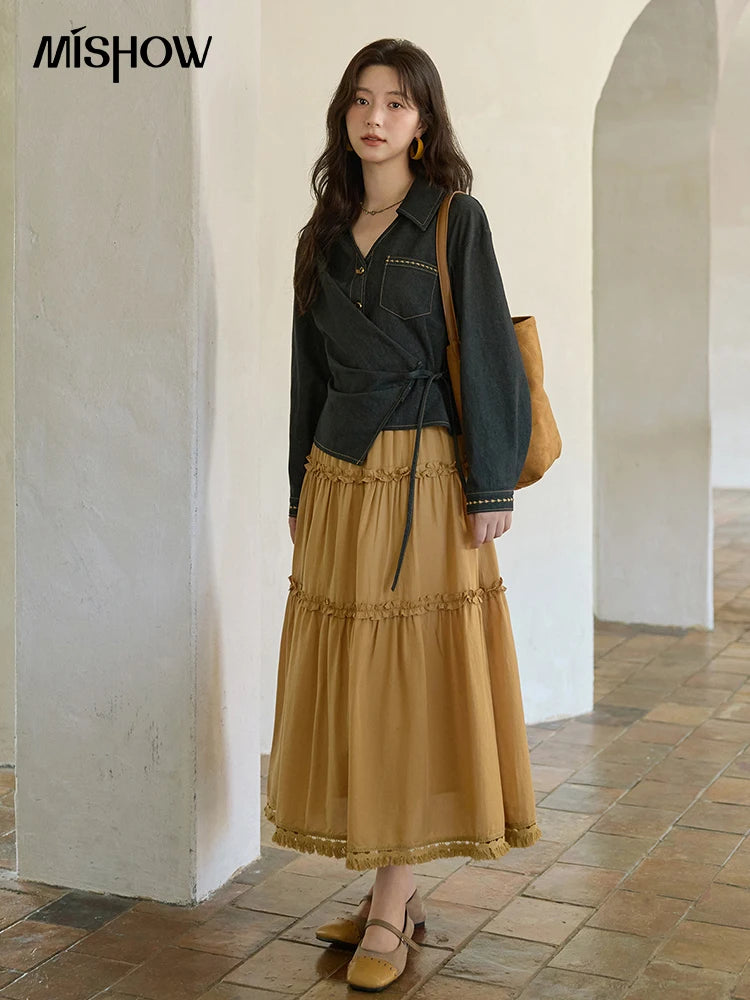 MISHOW Retro Orange Lyocell Skirt Black Fungus Edge Tassel MXE42B2386