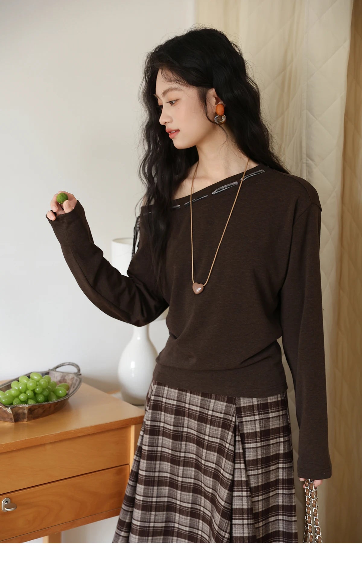 Mishow Slant Shoulder Dark Brown Strap Knit Top MXE45T1402