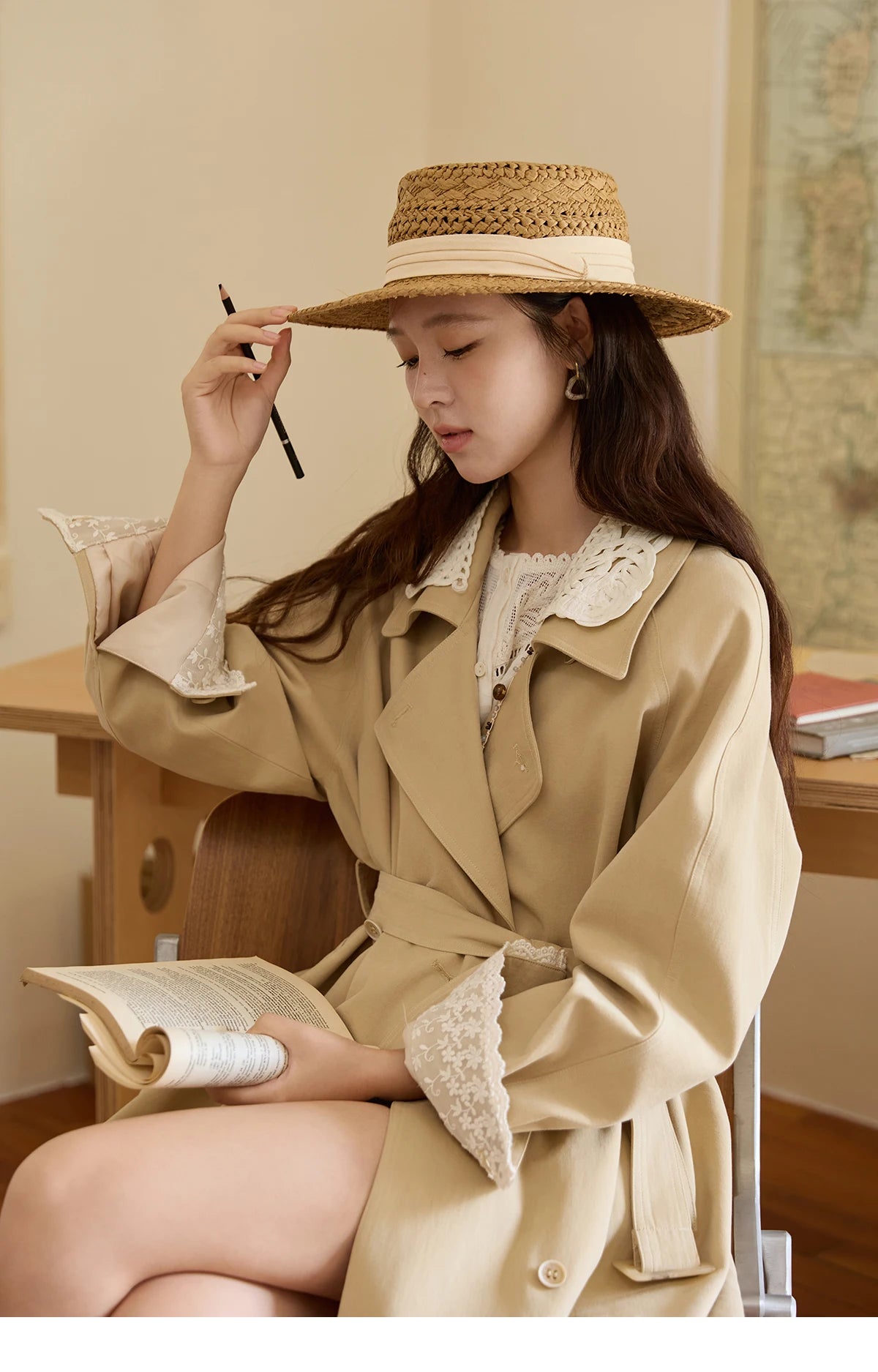 Mishow Light Khaki Lace Long Trench Coat MXE45W0830