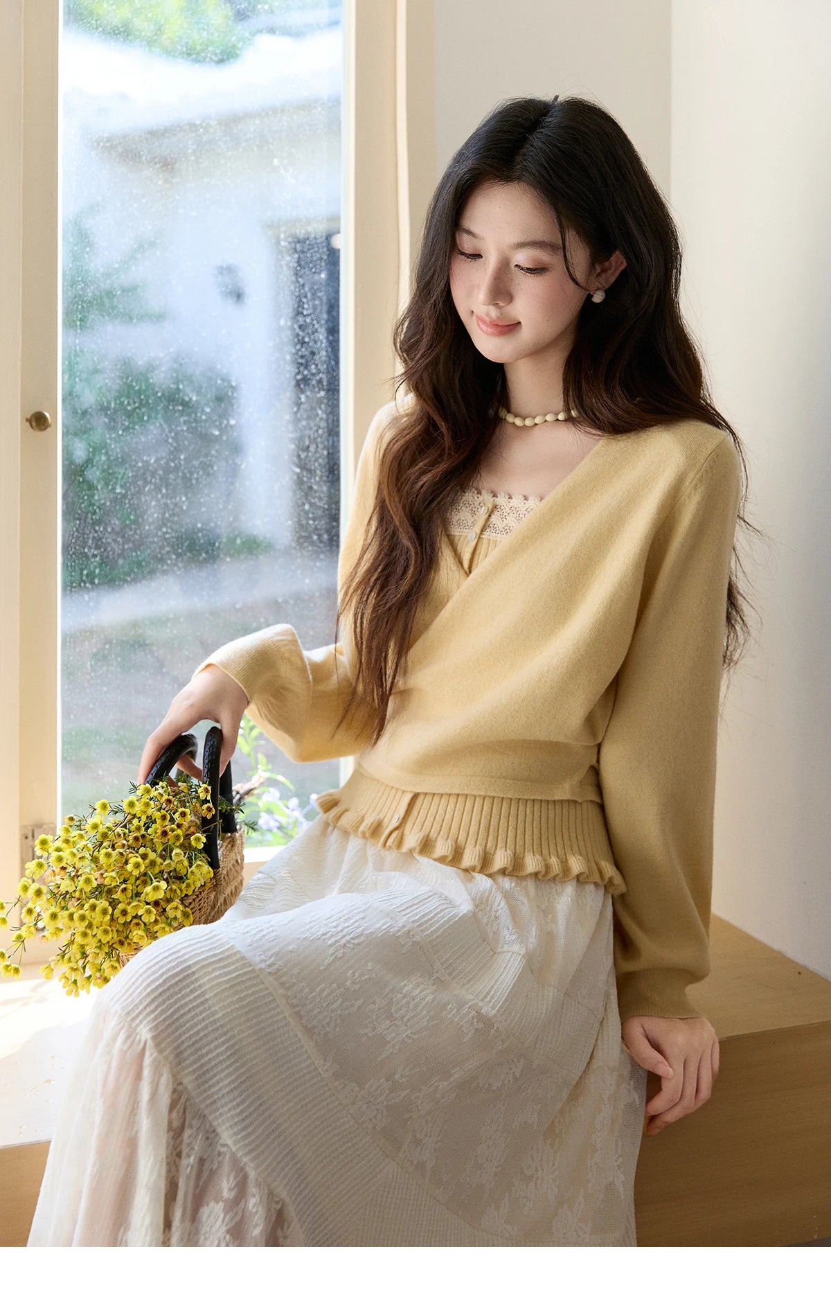 Mishow Yellow Ruffled Camisole & Lace Cardigan Set MXF11T1472