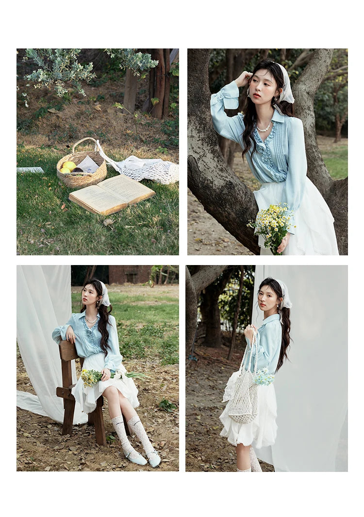 MISHOW V-Neck Long Flare Sleeve Solid Blouse MXE14X1730