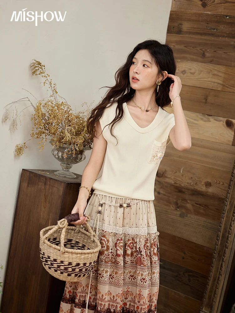 Mishow V-Neck Pocket Shell Lace Raglan Tee MXE34Z1265