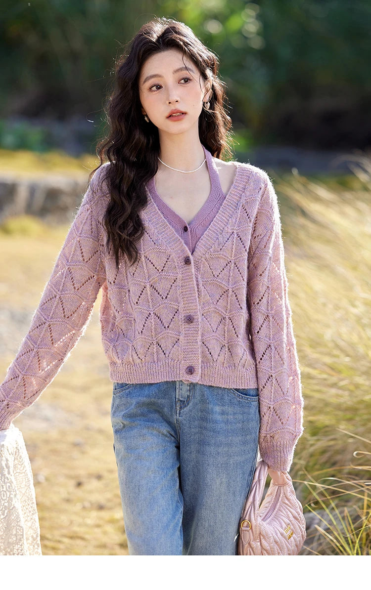 Mishow French Diamond Plaid V-Neck Hollow Cardigan MXE11Z1198