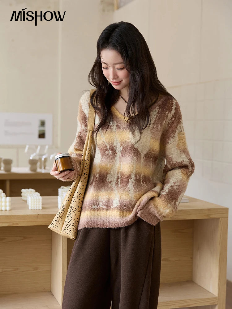 Mishow Yellow Coffee Gradient V-Neck Cable Knit Sweater MXE51Z2627